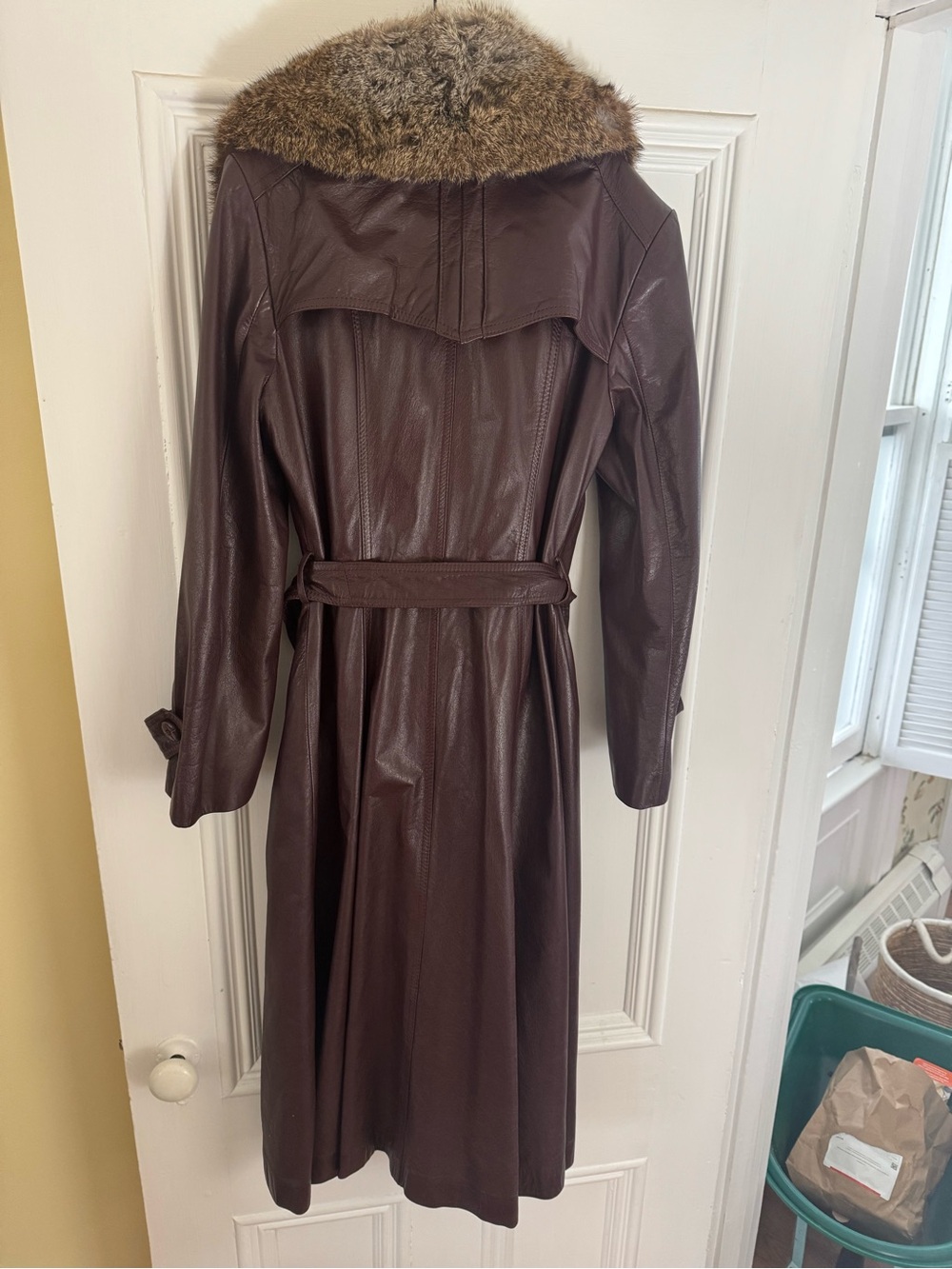 1970s Leather Trench Coat with rabbit Fur Collar - Picture 5 of 6